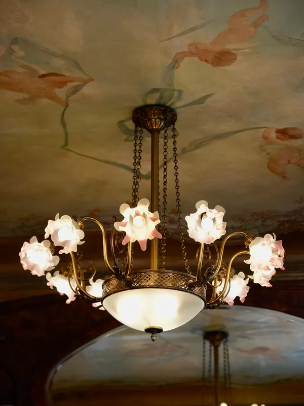 The chandelier, Pink glass tulips, painted ceiling